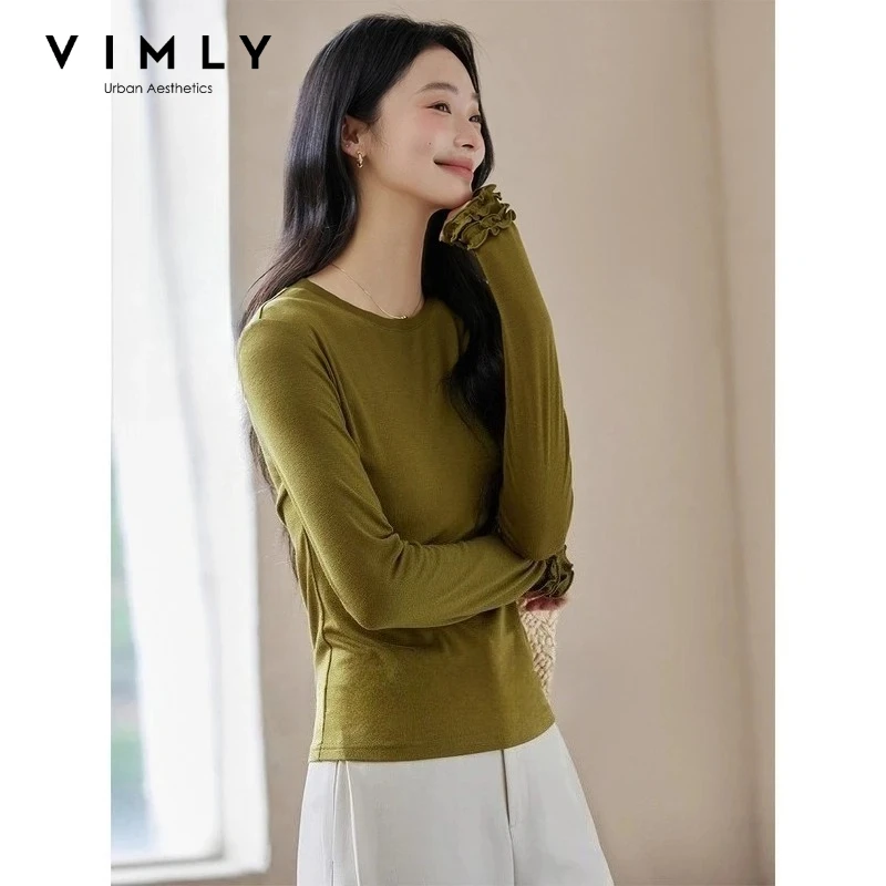 

VIMLY Casual Knit Long Sleeve T-shirt for Women 2026 Spring Fashion 3D Ruffled Patchwork Cuffs Simple Commute Slim Top A2069