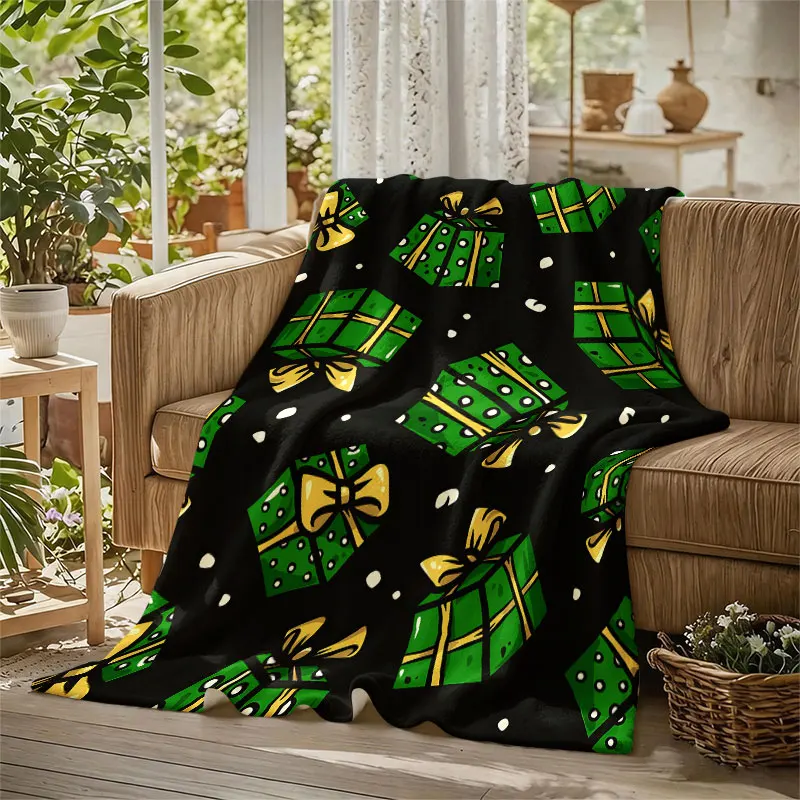 Green Gift Boxes Flannel Blanket Warm Soft Halloween Christmas Decorative Couch Warm Cozy All-Season Gift