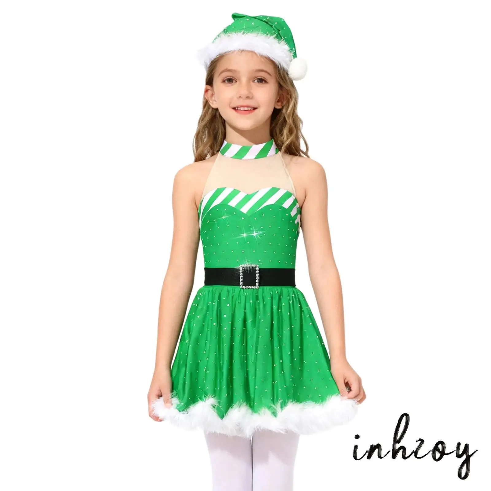 

Kids Girls Sleeveless Mock Neck Christmas Party Dress with Built-in Shorts And Hat for Christmas Cosplay Xmas Themed Events