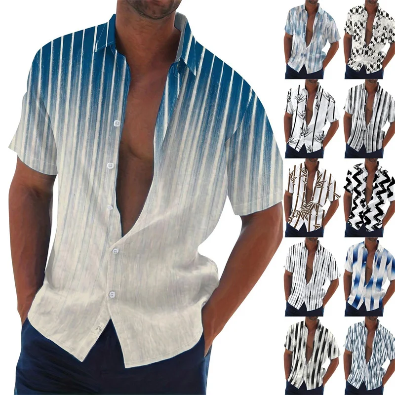 

Harajuku Retro Stripe Men's Shirt Blue Gradient Print Simple Casual Stripes Design Hawaii Shirt Summer Beach Vacation Loose Top