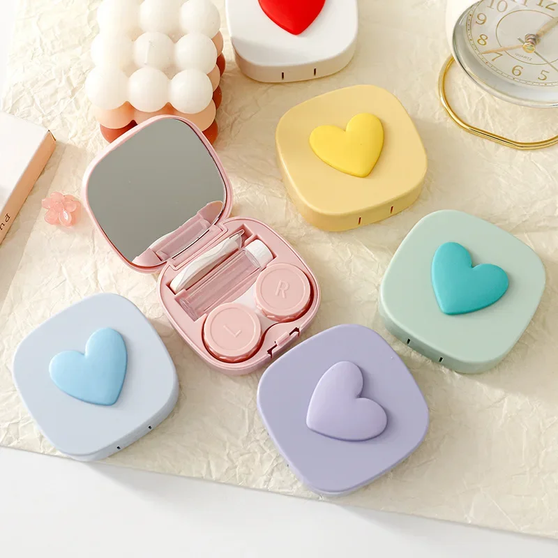 Square Love Contact Lens Box Beautiful Pupil Storage Box Candy Color Portable Cute Mini Contact Lens Case Container with Mirror