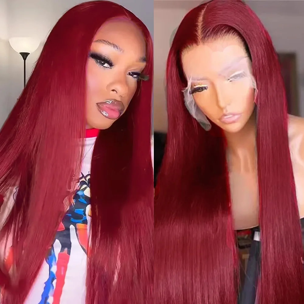 

Straight 13x6 HD Lace Front Wig Human Hair Wigs 99J Red Burgundy Colored HD Transparent Pre Plucked Lace Frontal Human Hair Wigs