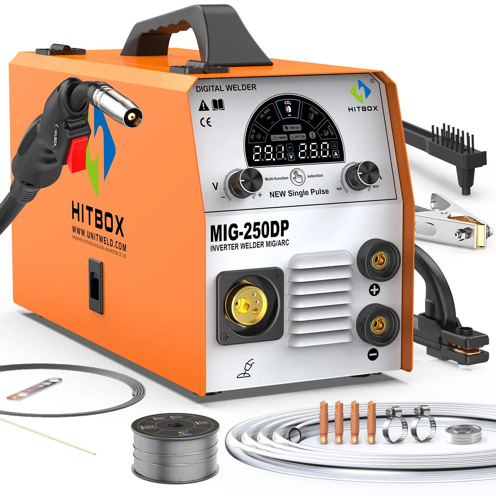 HITBOX MIG250DP 220V-240V Aluminium-Schweißgerät 5-in-1 Stick ARC MMA MAG Flux Core/Gas MIG Lift TIG Single Pulse Großes LED-Display Inverter-Schweißgerät Ferramentas Eletricista