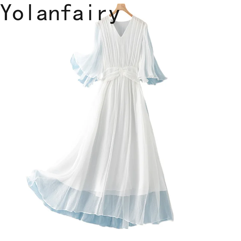 

YOLANFAIRY Super Beautiful 100% Real Mulberry Silk Dress Summer Woman V-neck Waisted White Dress Elegant Flare Sleeve Dresses