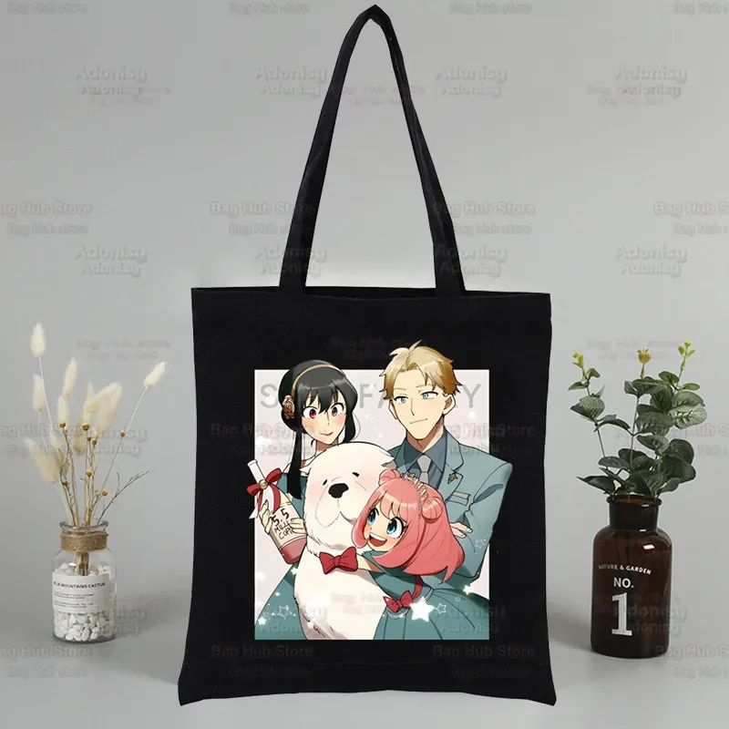 Anime Anya Forger Spy X Family Anya Smug Black Ladies Handbags Canvas Tote Bag Shopping Travel Reusable Shoulder Shopper Bags