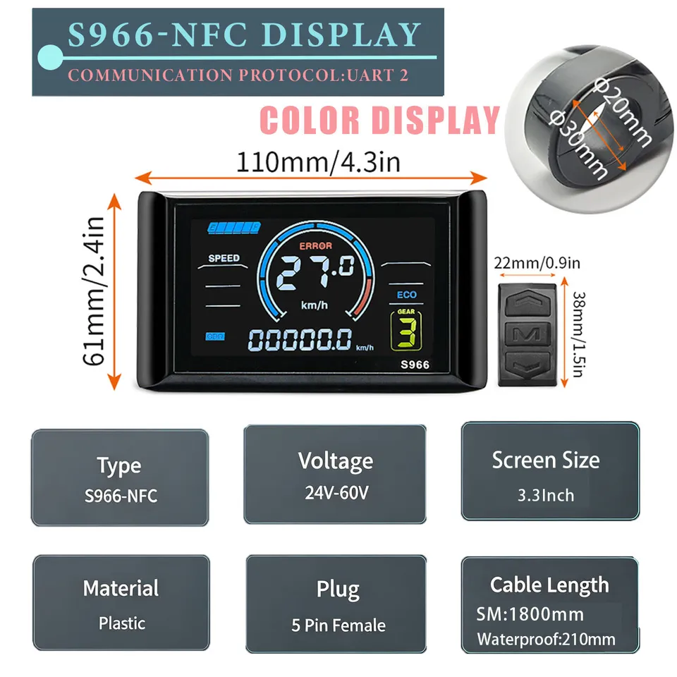 S966 LCD Color Display Instrument UART2 Protocol 24V 36V 48V-72V Electric Bicycle/Scooter image 7