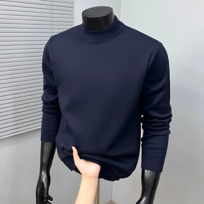 High Quality plush solid color sweater men's knitted new semi high neck winter comfort warm casual versatile fashion pullover
