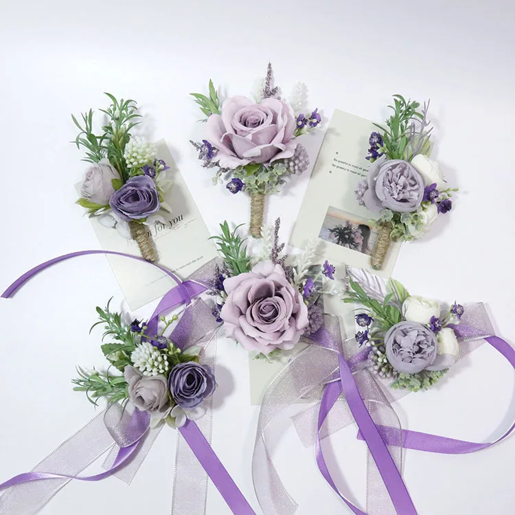 Lilac Artifical Boutonniere Flowers Bridesmaid Groomsman Marriage Wedding Party Accessories Corsages for Wedding