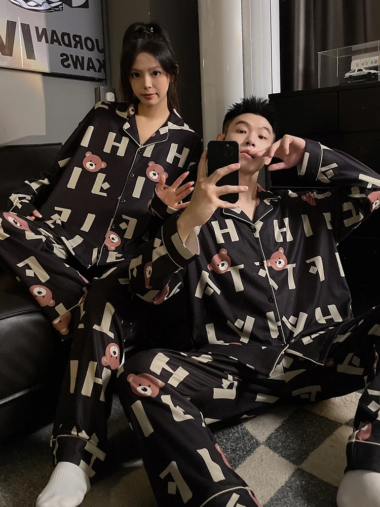 DAIMELU sleepwear set couple pajamas women's spring and autumn cartoon cute bear long-sleeved men's nightwear loungewear suit