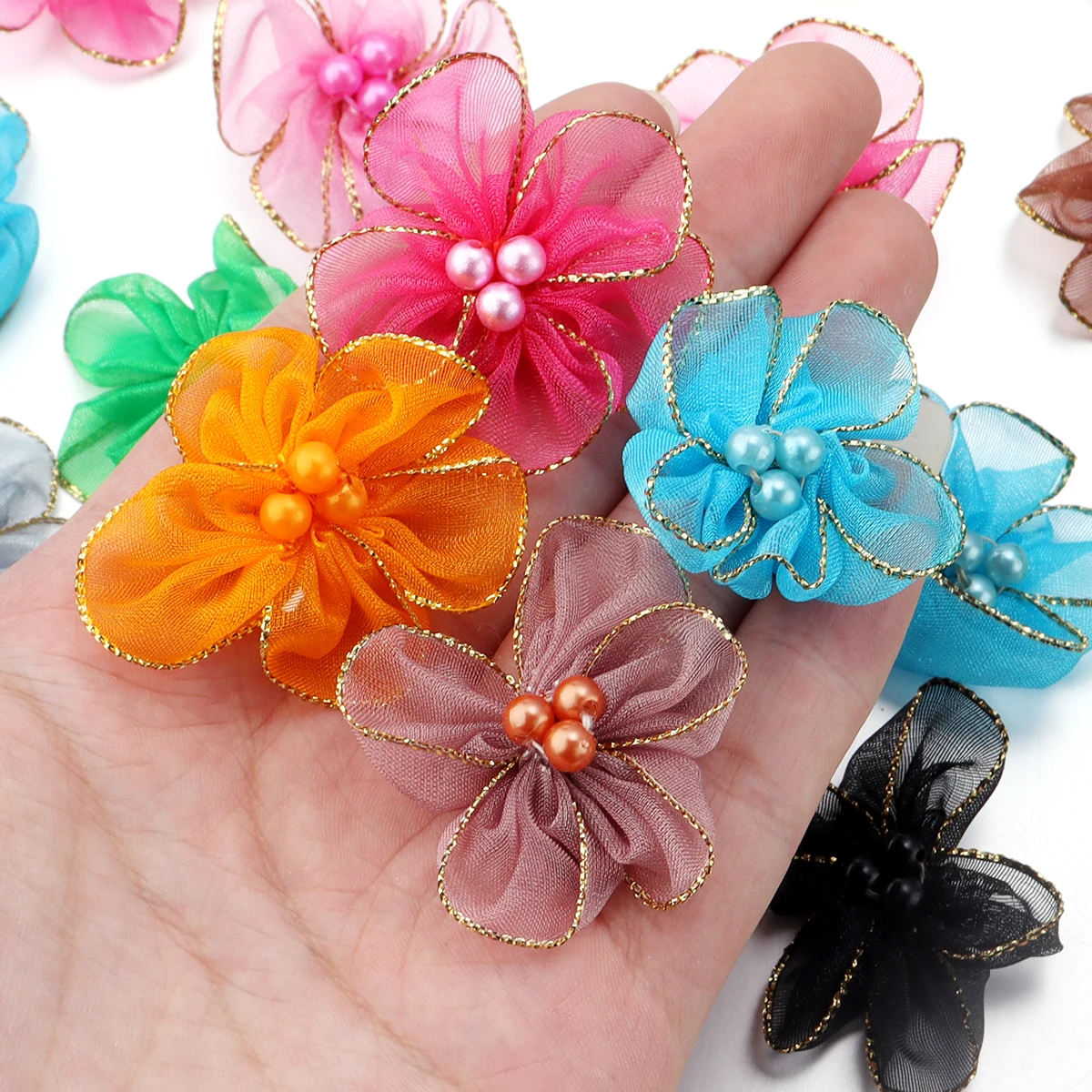 20pcs/pack Snow Gauze Fabric Flower Gold Edge Handmade Plum Blossoms for DIY Clothing Decoration Sewing Applique Accessories