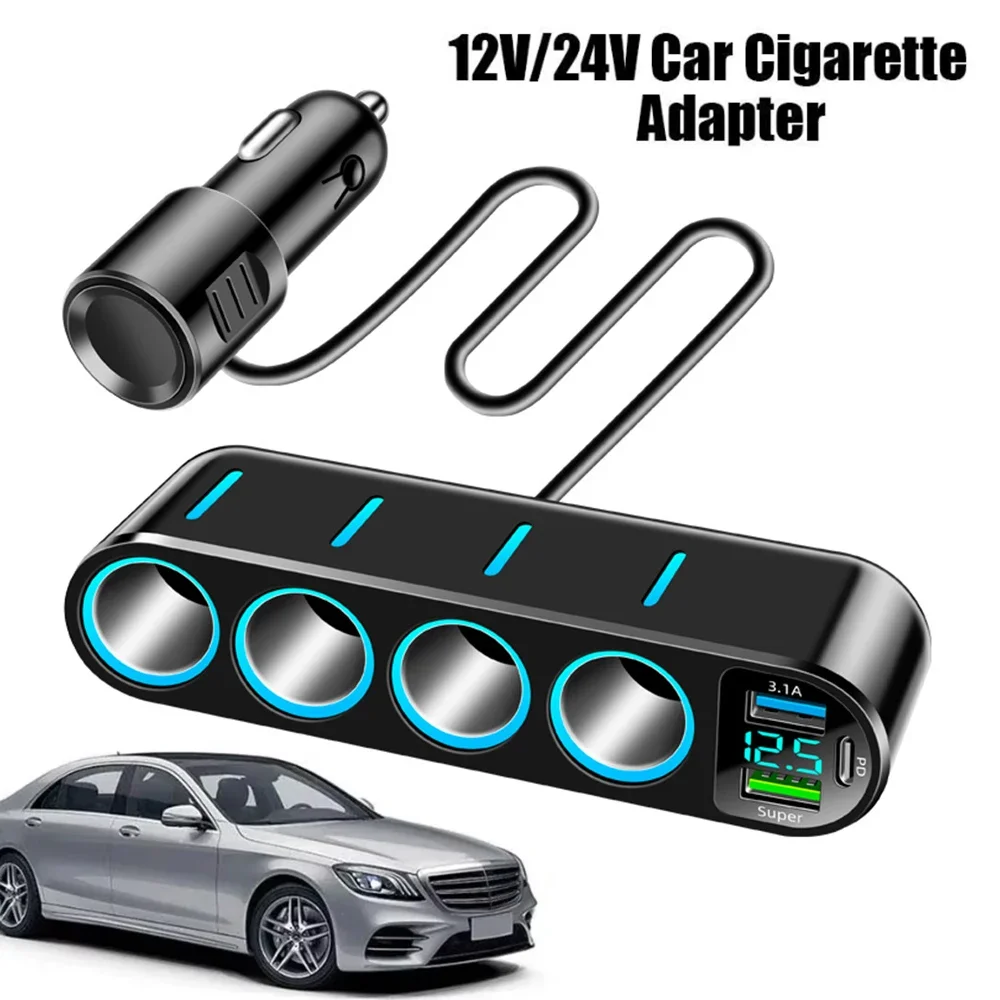 7 in 1 USB Typ C 4-Socket Auto Zigarettenanzünder Splitter Schnellladegerät Telefon Netzteil für Auto DVR GPS Dashcam 12V 24V