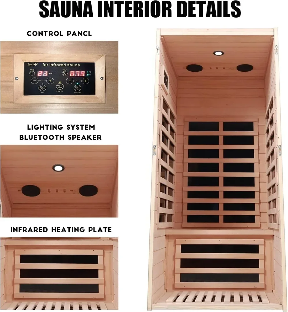 1 Person Infrared Sauna, Home Sauna, Hemlock Wood Far Infrared Sauna, 1,200watt, Low EMF FAR Infrared with Bluetooth, LCD, LED