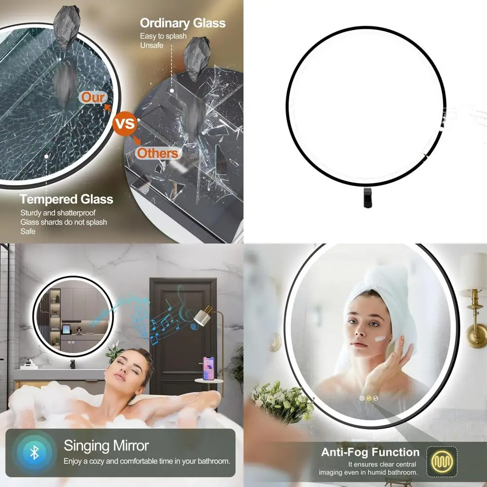 

24-дюймовое круглое LED-зеркало для ванной с подсветкой, настенное зеркало для макияжа, Bluetooth, защита от запотевания, с регулировкой яркости, 3 цвета, из закаленного стекла