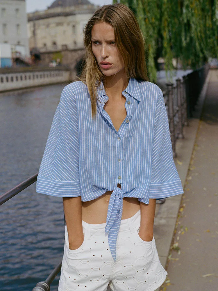 Fashionable Sexy Short Shirt Women's Top Wide Sleeve Turn-down Collar Knot Decoration New Summer 2026 Elegant Chic Blouse