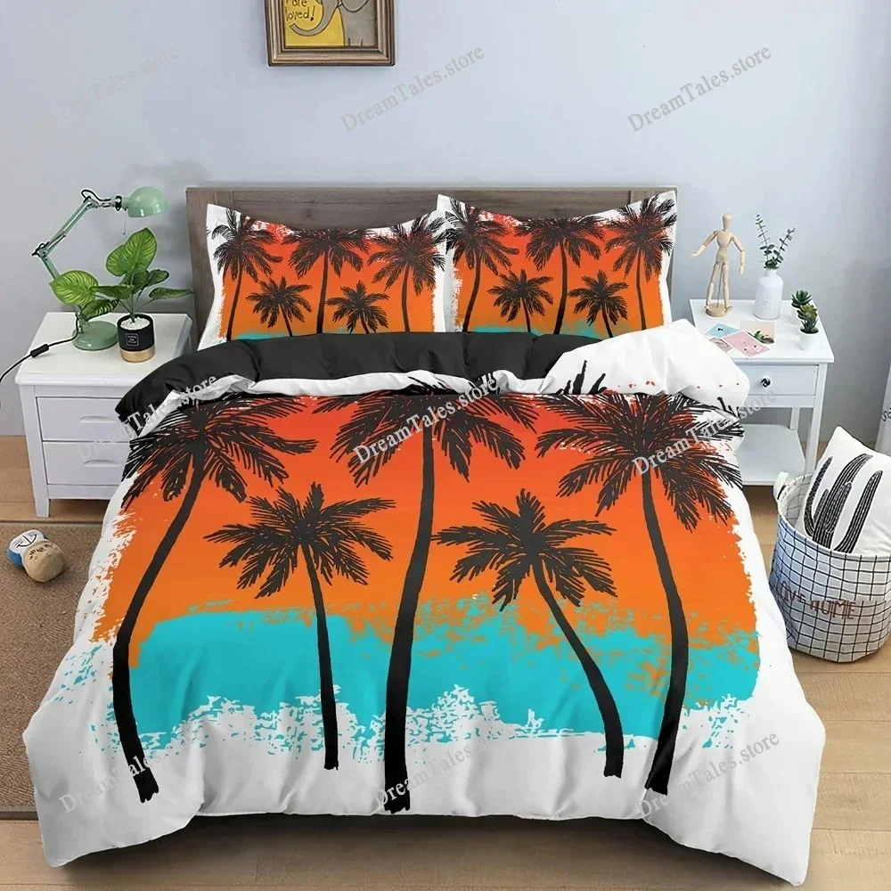 Tropical Trees Duvet Cover Set Coconut Tree Pattern Comforter Cover Bedding Set Quilt Cover with Pillowcase King Size Bedclothes