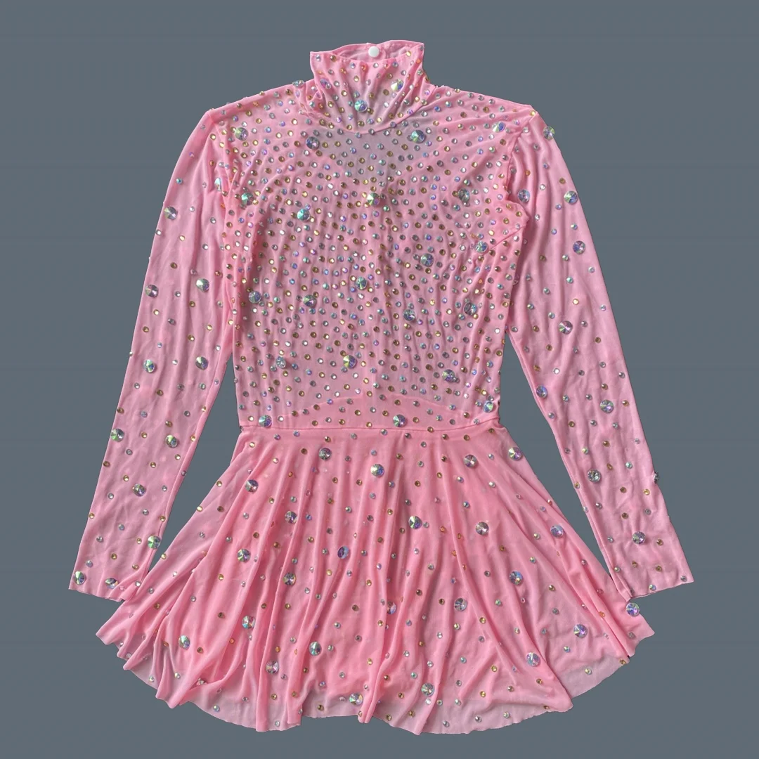

Sparkly Rhinestone High-end Dance Pleated Sheer Mesh Dress Club gig Women's Dance Troupe Stage Performance Mini Dress Xingtou