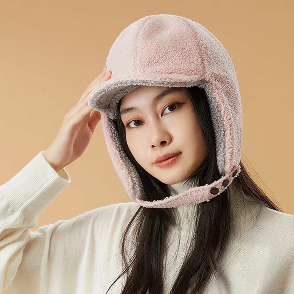 OhSunny-Sombrero de bombardero de piel para mujer, gorros bonitos de doble cara, a prueba de viento, cálido, con Protector de orejas, para invierno