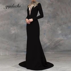 Customized Gold High Neck Prom Dress Long Sleeve Floor Length Party Sexy Backless Suede Elegant Evening Dresses for Women 2024