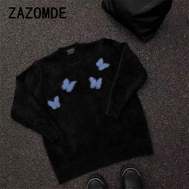 ZAZOMDE Harajuku الموهير سترة Y2K الرجال محبوك فراشة مريحة البلوز الشارع الشهير عادية فضفاض كم طويل رقيق غامض البلوز #2