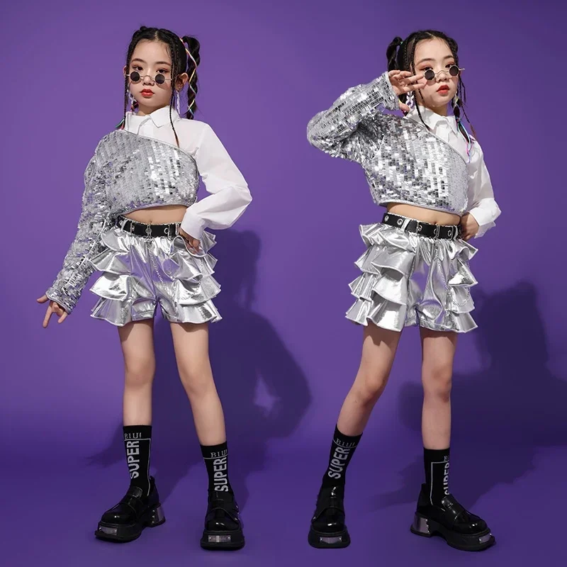 

Jazz Dance Costume Kid Sequin Top Silver Shorts White Shirt Girl Kpop Stage Outfit Fashion Show Model Children Clothing