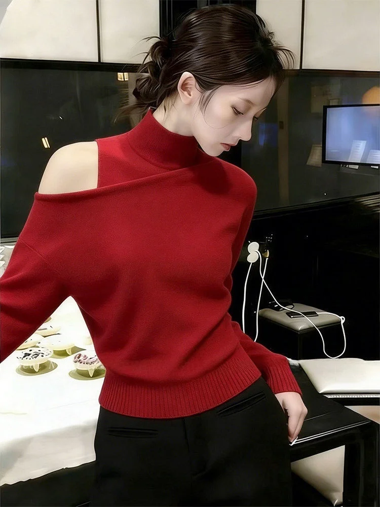 

Красный вязаный свитер на одно плечо с длинным рукавом для женщин, облегающий, омолаживающий, с эффектом высокого класса, для повседневной носки, в корейском стиле