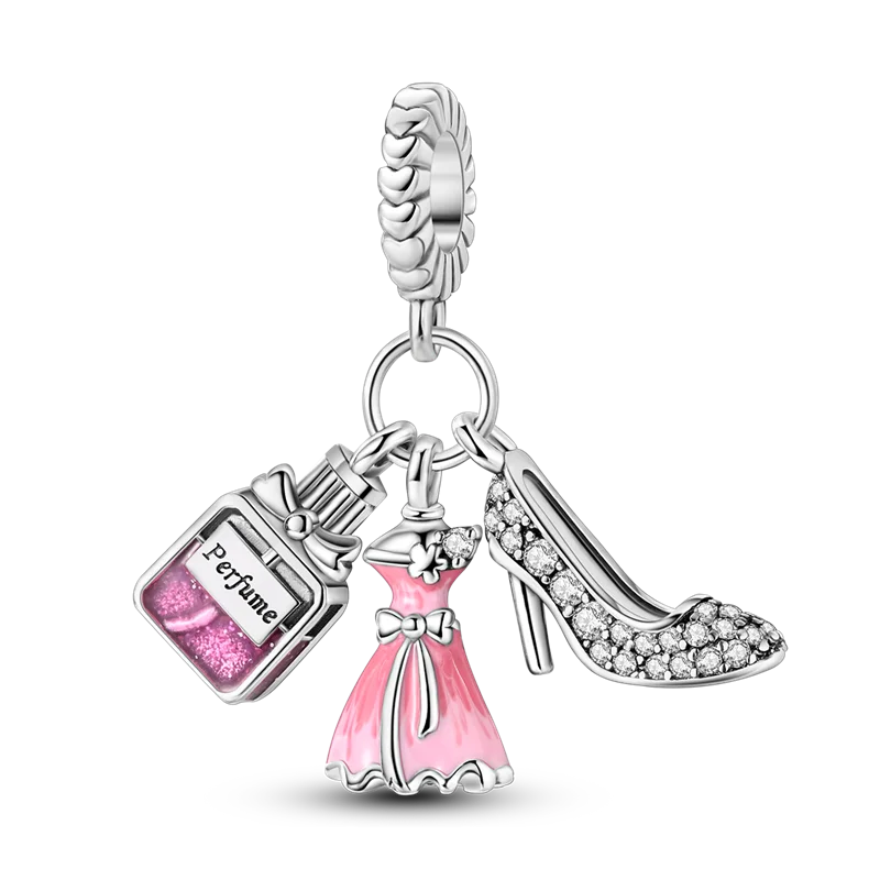925 Sterling Silber Parfüm-Kleid High-Heels Schuhe Charms Perle Funkelnder CZ Zirkon Anhänger Passend für Original-Armband DIY Schmuck