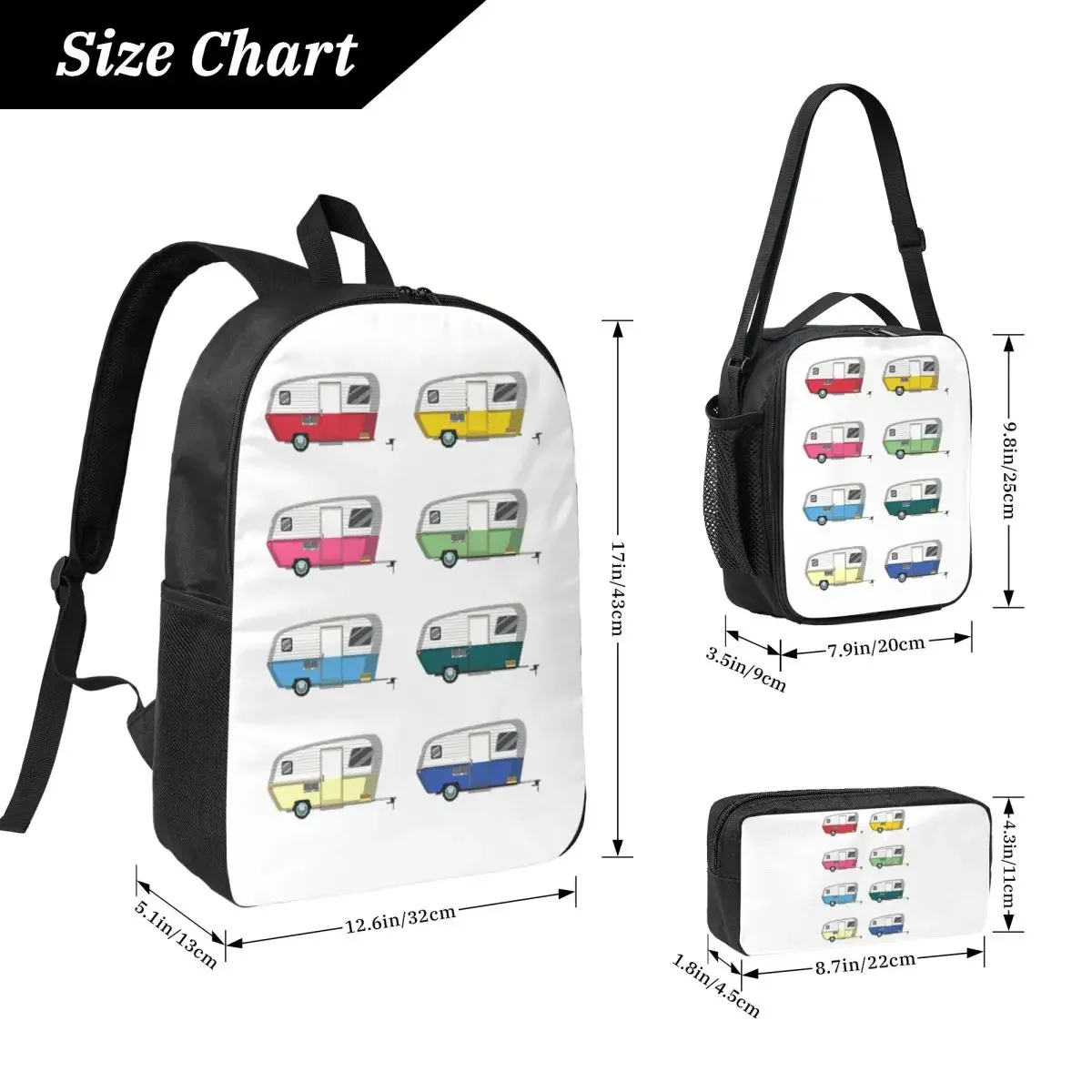 Colourful Vintage Eriba Puck Caravan Daisy Backpack BookBag School Bag Laptop Shoulder Bags 3ps Insulated Lunch Bag Pencil Case