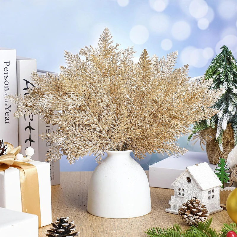 5/10 Stück Weihnachtsdekorationen, glitzernde Blätter, zum Aufhängen, Weihnachtsbaumschmuck, Kiefernzweige für 2026, Heimgeschenke, Dekoration – Detail 6