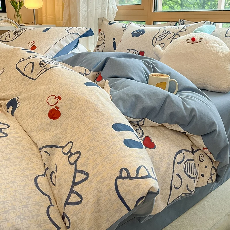 Thickened Cartoon Cotton Bedding Set Pure Cotton Duvet Cover Bed Sheet Quilt Cover for Children Autumn Winter Season Three Pi...
