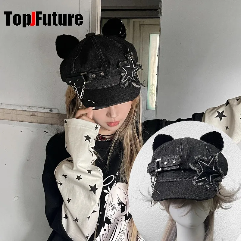 

Y2k Girls Punk Уличная одежда ковбойская женская мужская Harajuku Goth Лолита кошачьи уши звезда заклепка кожаная пуговица Берет Шляпа Кепки газетчика Кепка