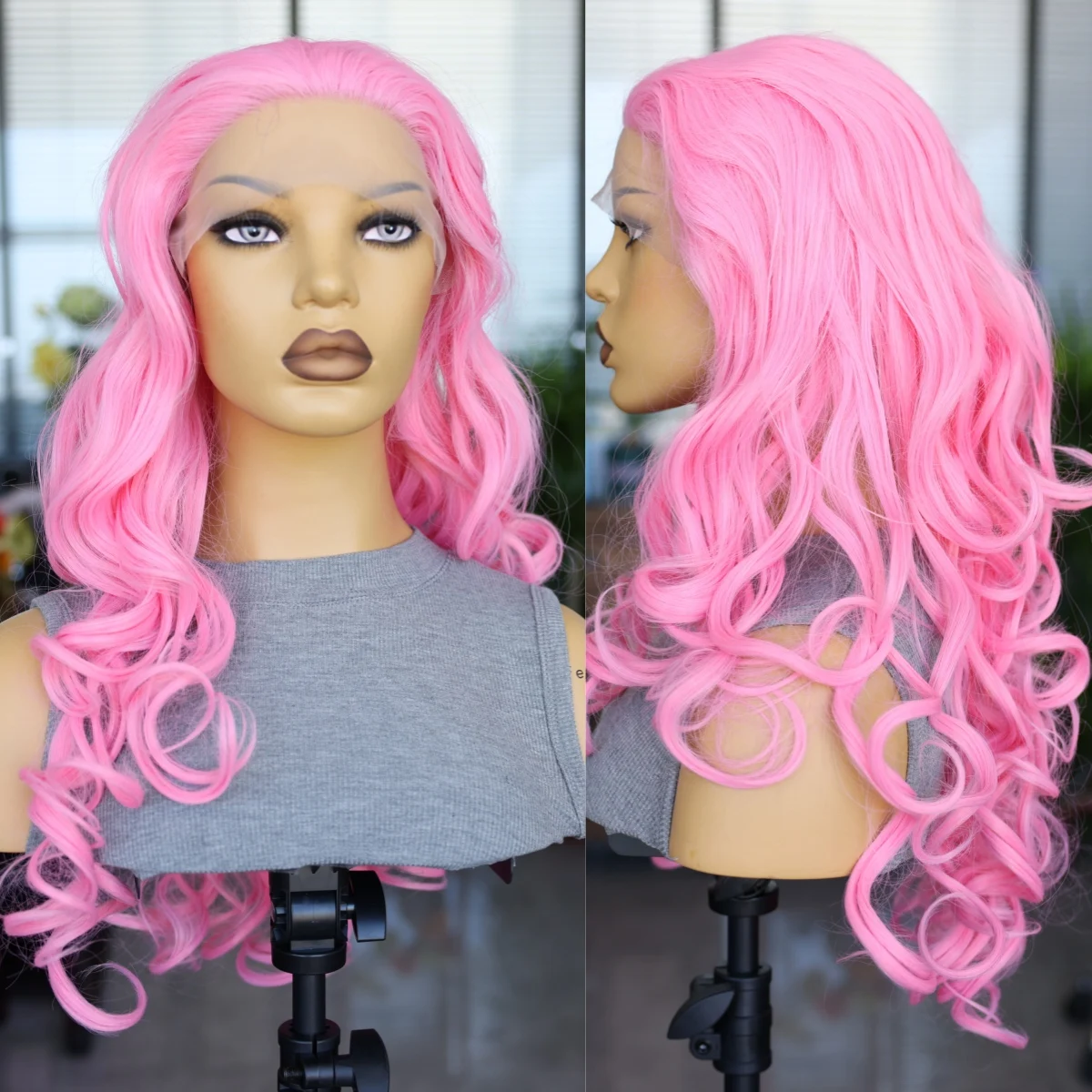 Pink 13*4 Lace Trimmed Synthetic Women's Wig Cosplay Party Long Wave Wig Transparent Lace 180 Density High Temperature Resistant