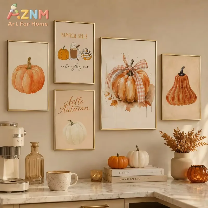 1PC Fall Pumpkin Hello Autumn Canvas Prints Neutral Terracotta Farmhouse Wall Art Posters for Dining Room Kitchen Decor