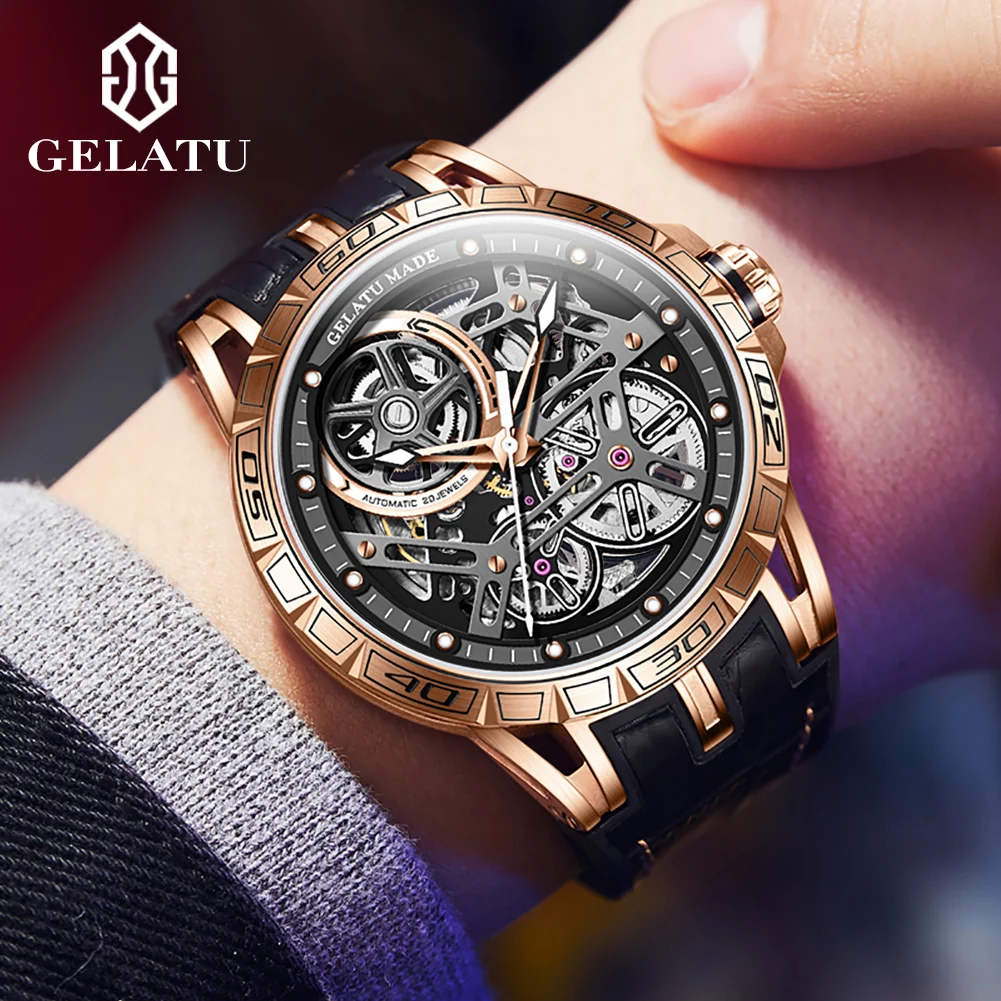 GELATU 6015 Fashion Hollow Skeleton Mechanical Watch For Men 45mm Big Dial Sapphire Mirror Wristwatch Waterproof Automatic Watch