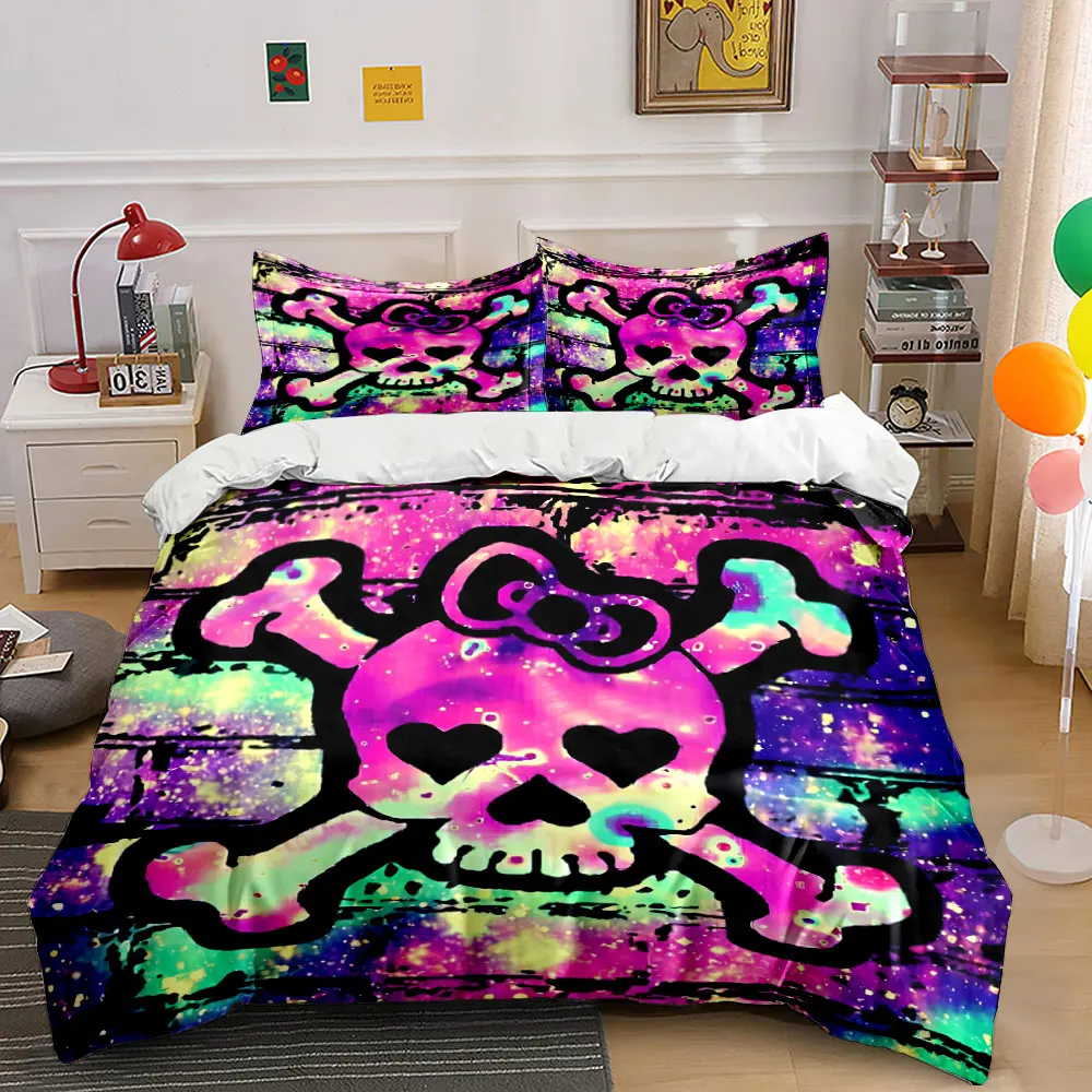 Colorful Skull Crossbones Decor Set Bedding Set with 1 Duvet Cover 2 Pillowcases Single Double King Queen, Gift