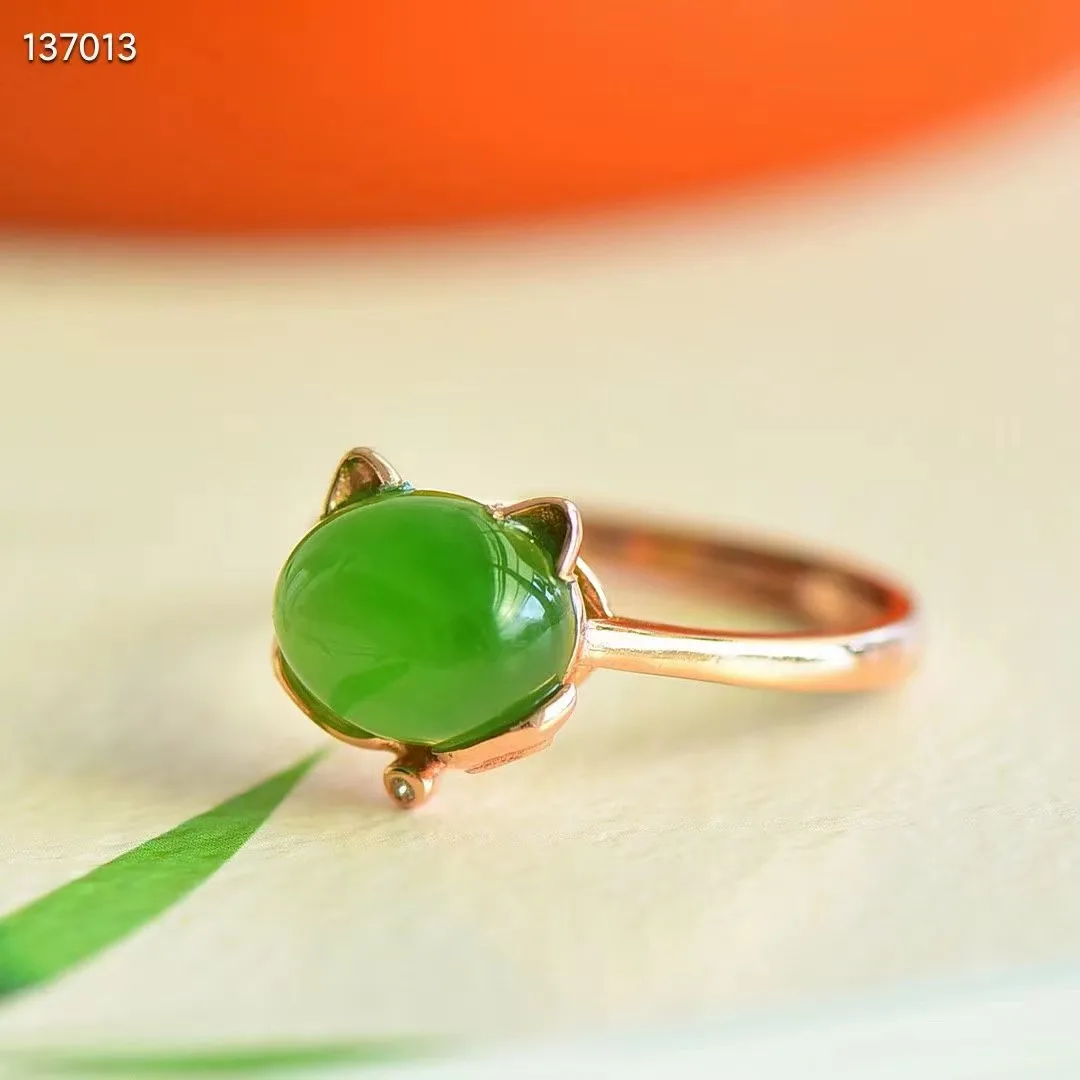 

Natural 100% real 925 sterling silver fox rings inlaid real green hetian jade rings Open Rings for women engagement gift