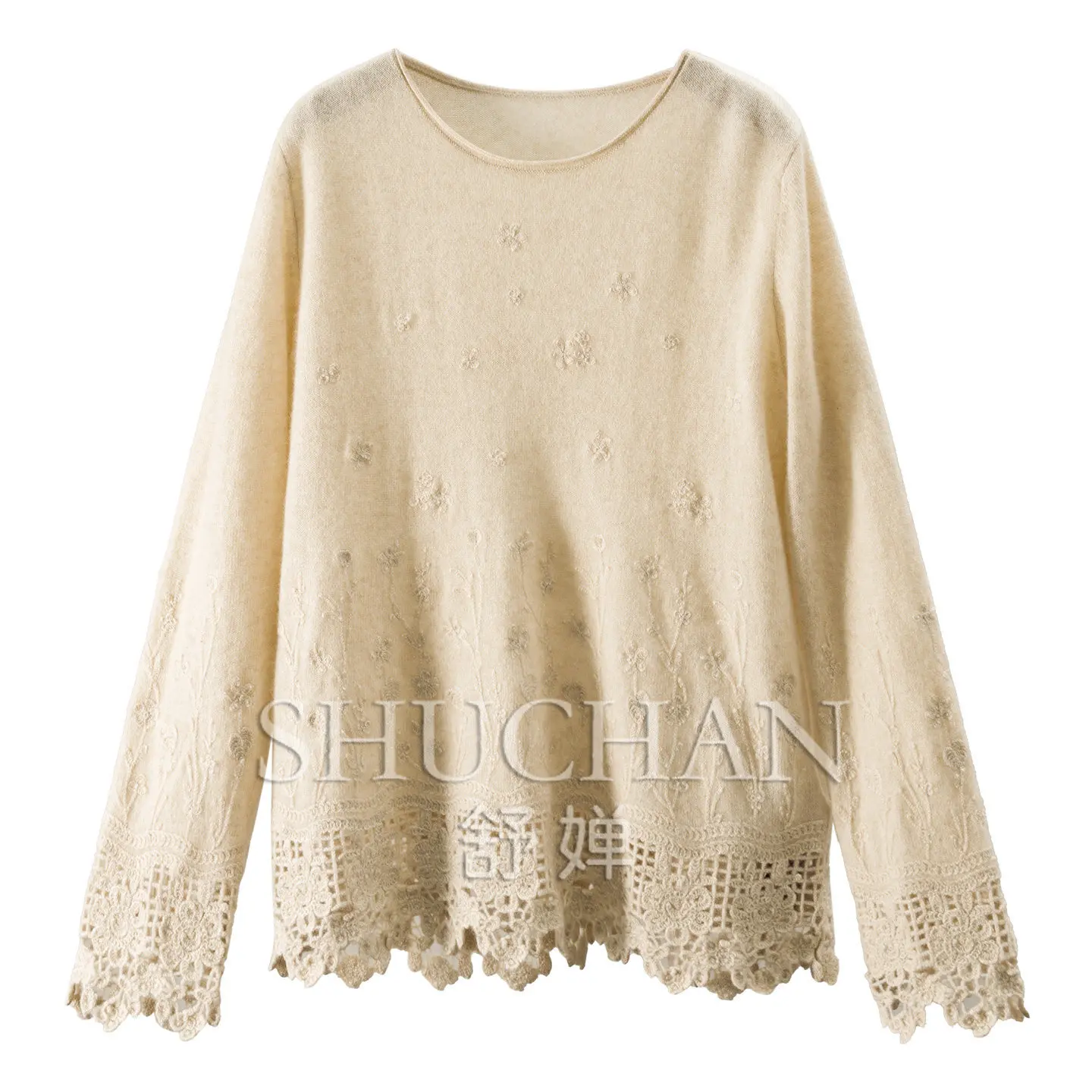 Fleece Hidden Flowers, Ark Loose Cashmere Embroidered Lace Curled Crew Neck Sweater Women F332