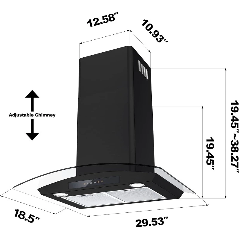 Black Range Hood 30 inch with Soft Touch Control 450 CFM Stove Vent Hood for Kitchen with 3 Speed Exhaust Fan