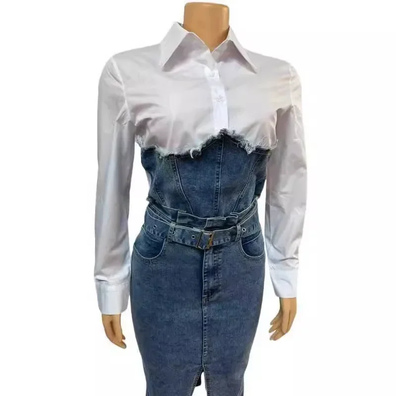 Setelan Rok Denim Wanita 2 Potong Atasan Kemeja Patchwork Kerah Lipat Sabuk Saku Overshirt Rok Lurus Pakaian Distressed