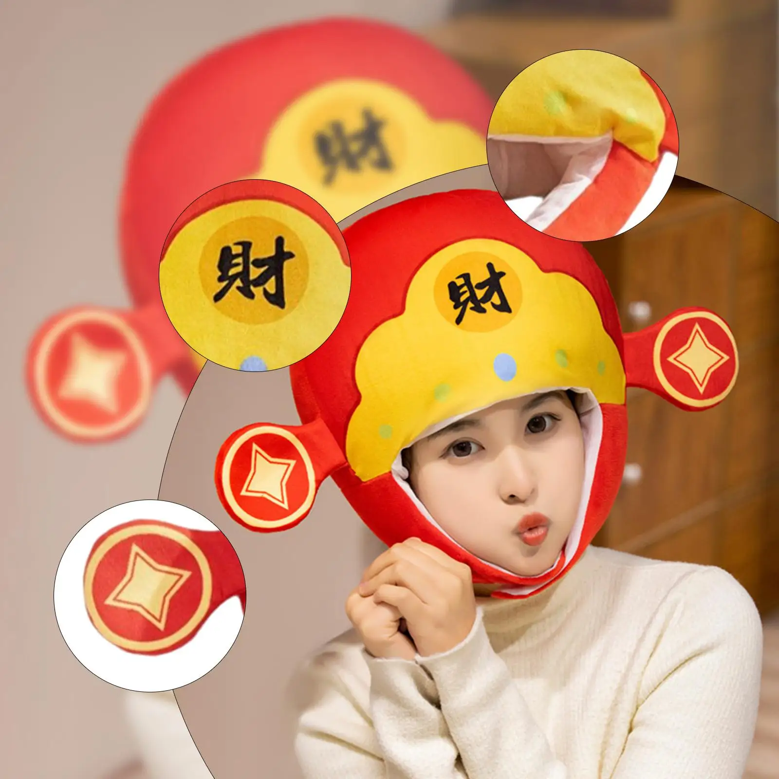 

Cute Plush Hat God of Wealth Headdress Head Cover Soft Funny Headgear Hood for Cosplay New Year Festival Party Stage Performance