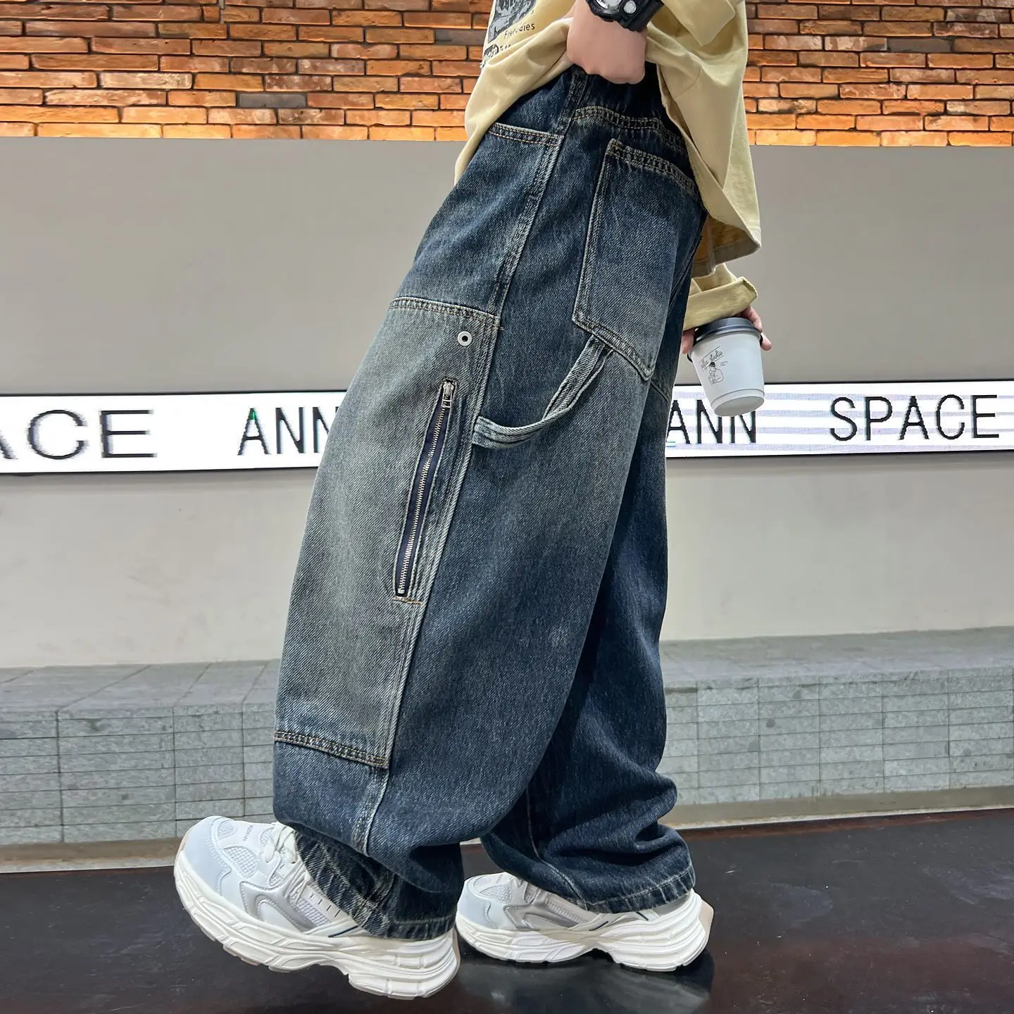 2026 New Boys Jeans Spring Autumn Loose Cargo Pants Trendy Cool Streetwear Long Trousers for Big Kids Casual Denim Pants