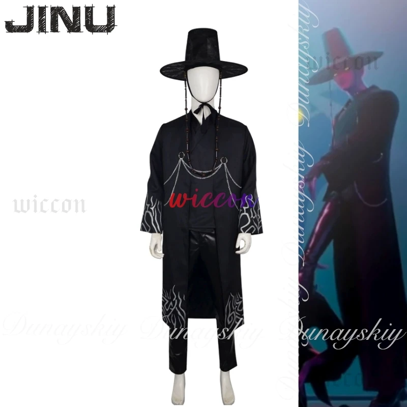 Kpop demon hunters filme jinu cosplay saja meninos com roupões pretos e traje de canto e mesma peruca preta cosplay traje conjunto completo