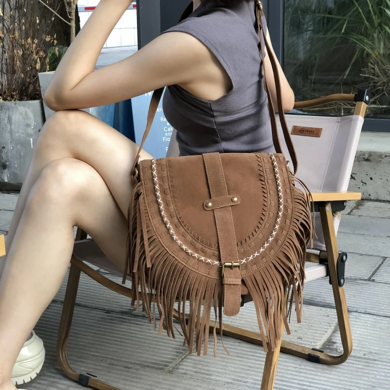 Women\'s Bags on Sale 2023 High Quality Fashion Retro  Suede Tassel  Womens Shoulder Crossbody Messenger Bag Tassel Boho