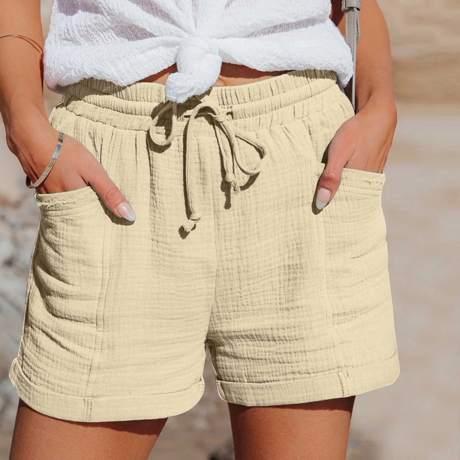 Summer Cotton Linen Shorts Women's Drawstring High Waist Short Pants With Pockets Sports Casual Basic Cortos Pantalones