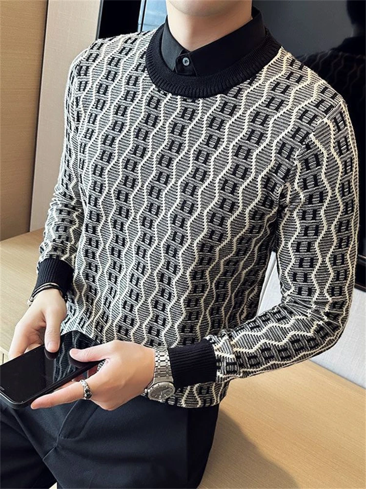 Autumn Winter Fake Two Piece Sweater Fashion Stripe Jacquard Shirt Collar Knitted Pullover Sweater Casual Business Men Clothing