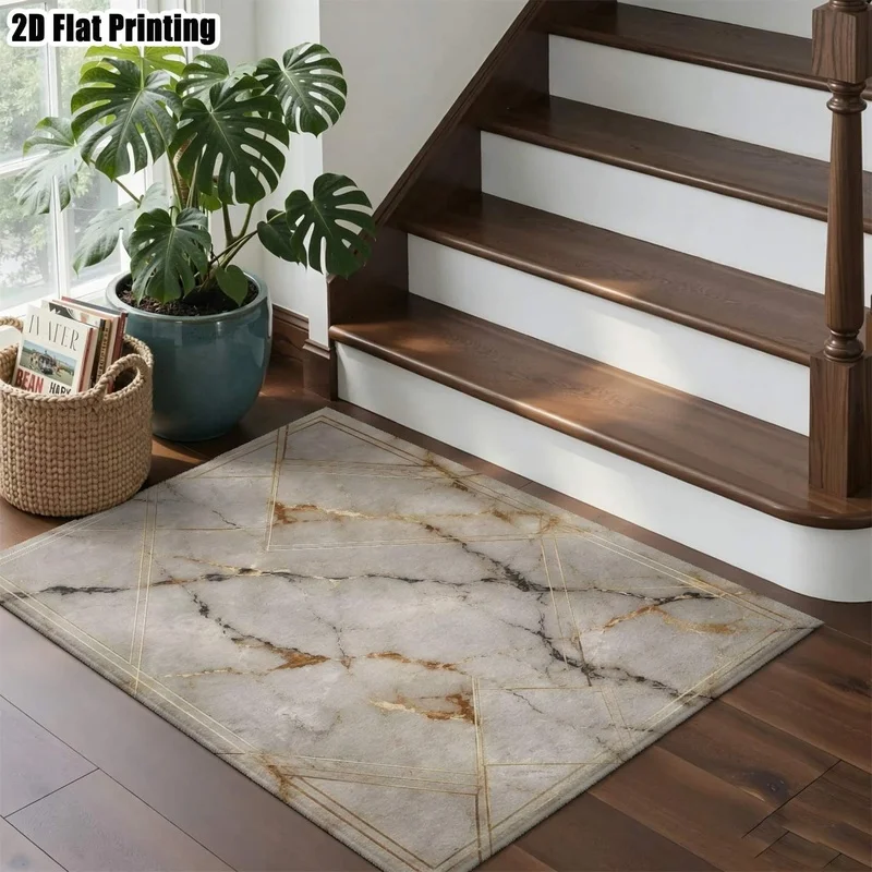Large Indoor Area Rug, Soft Velvet Low Pile Machine Washable, Marble Texture with Gold Geometric Lines, for Living Room Bedroom Modern Home Floor Decor