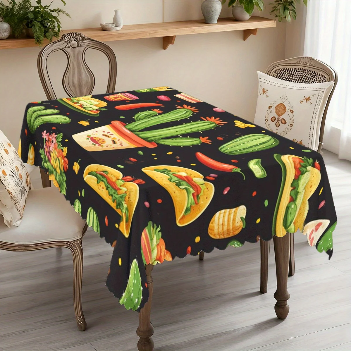One Mexican cuisine-themed tablecloth, printed with patterns of tacos, chili peppers, sombreros and maracas.yzb