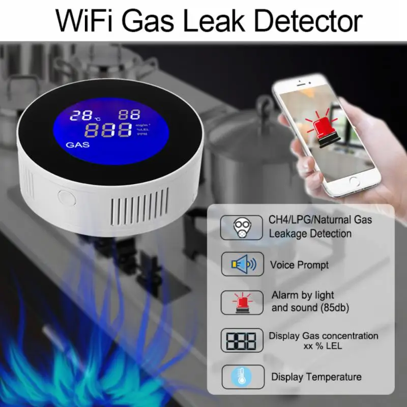 Tuya-Detector de fugas de Gas inalámbrico, dispositivo inteligente con WiFi, Gas Natural, Combustible, APP Smart Life