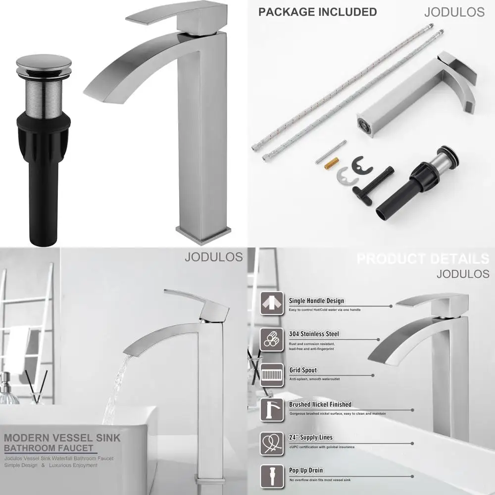 

Single Handle Brushed Nickel Waterfall Bathroom Sink Faucet with Pop-Up Drain and Supply Hose
