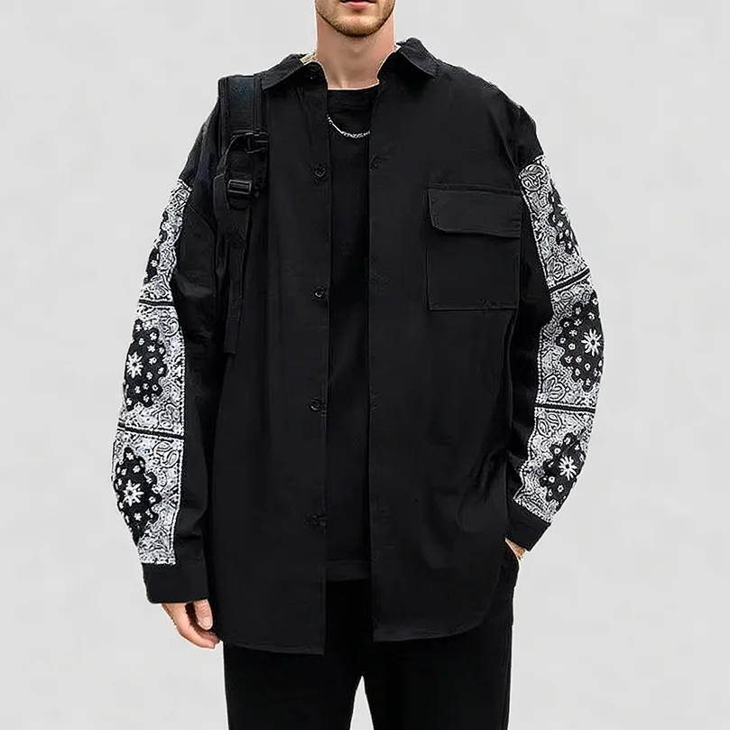 Men's Bandana Shirts Harajuku Streetwear Long Sleeve Paisley Shirt Cotton Patchwork Spring Summer Printed Oversize ClothesA1