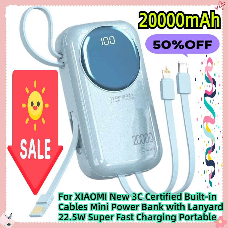 

For XIAOMI New 20000mAh/74Wh 3C Certified Built-in Cables Mini Power Bank with Lanyard 22.5W Super Fast Charging Portable